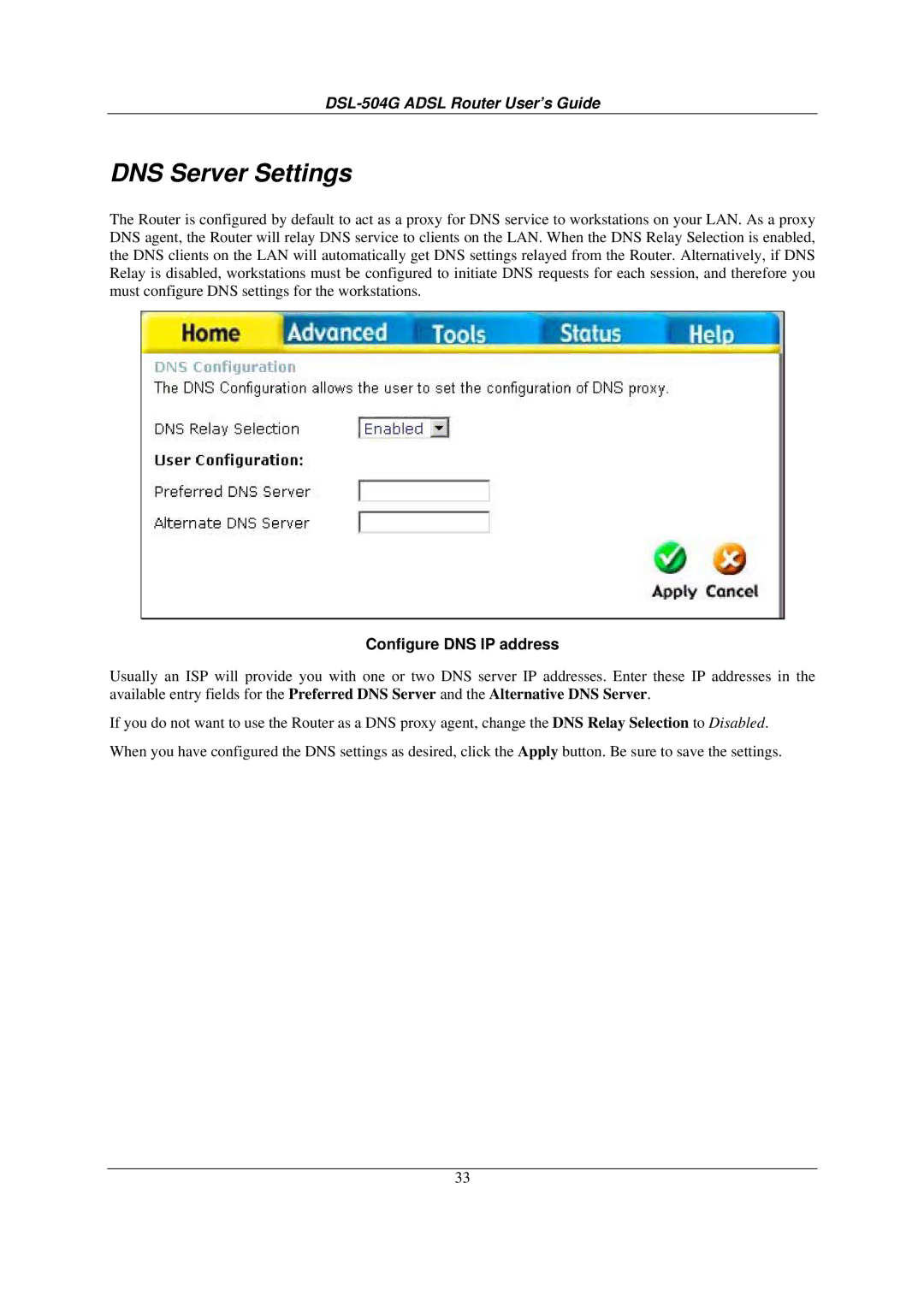 D-Link DSL-504G manual DNS Server Settings, Configure DNS IP address 