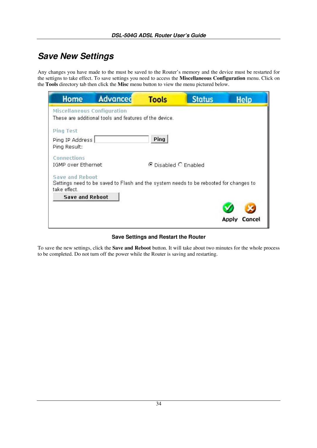 D-Link DSL-504G manual Save New Settings, Save Settings and Restart the Router 