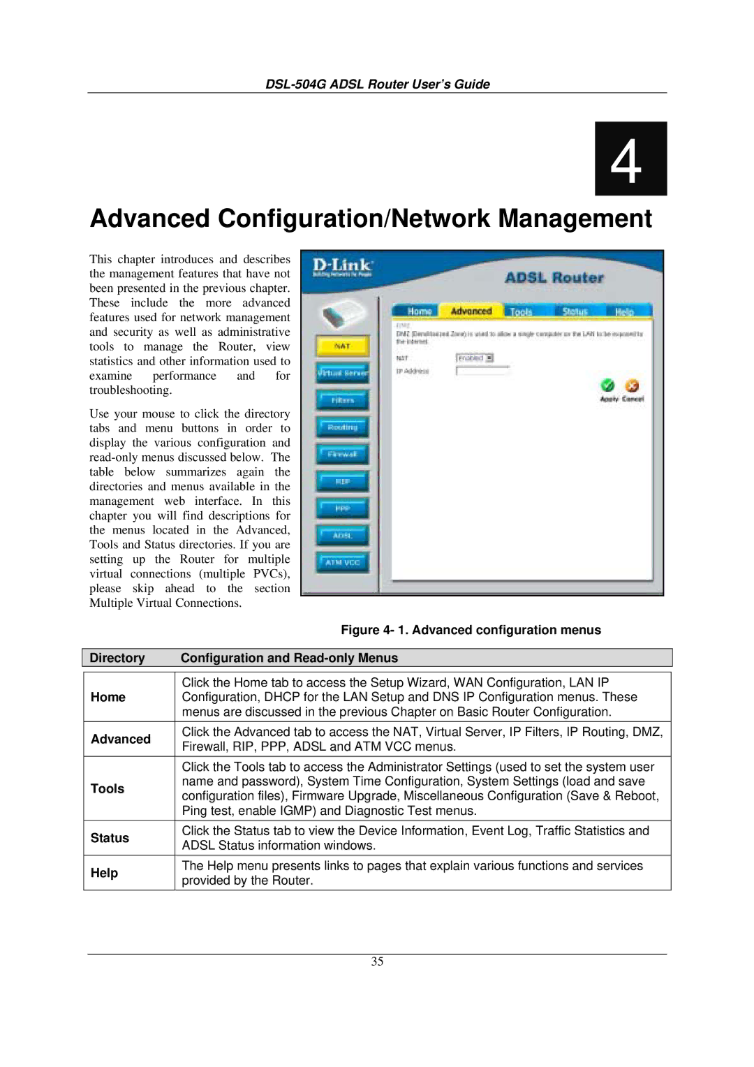 D-Link DSL-504G manual Advanced configuration menus, Directory Configuration and Read-only Menus 