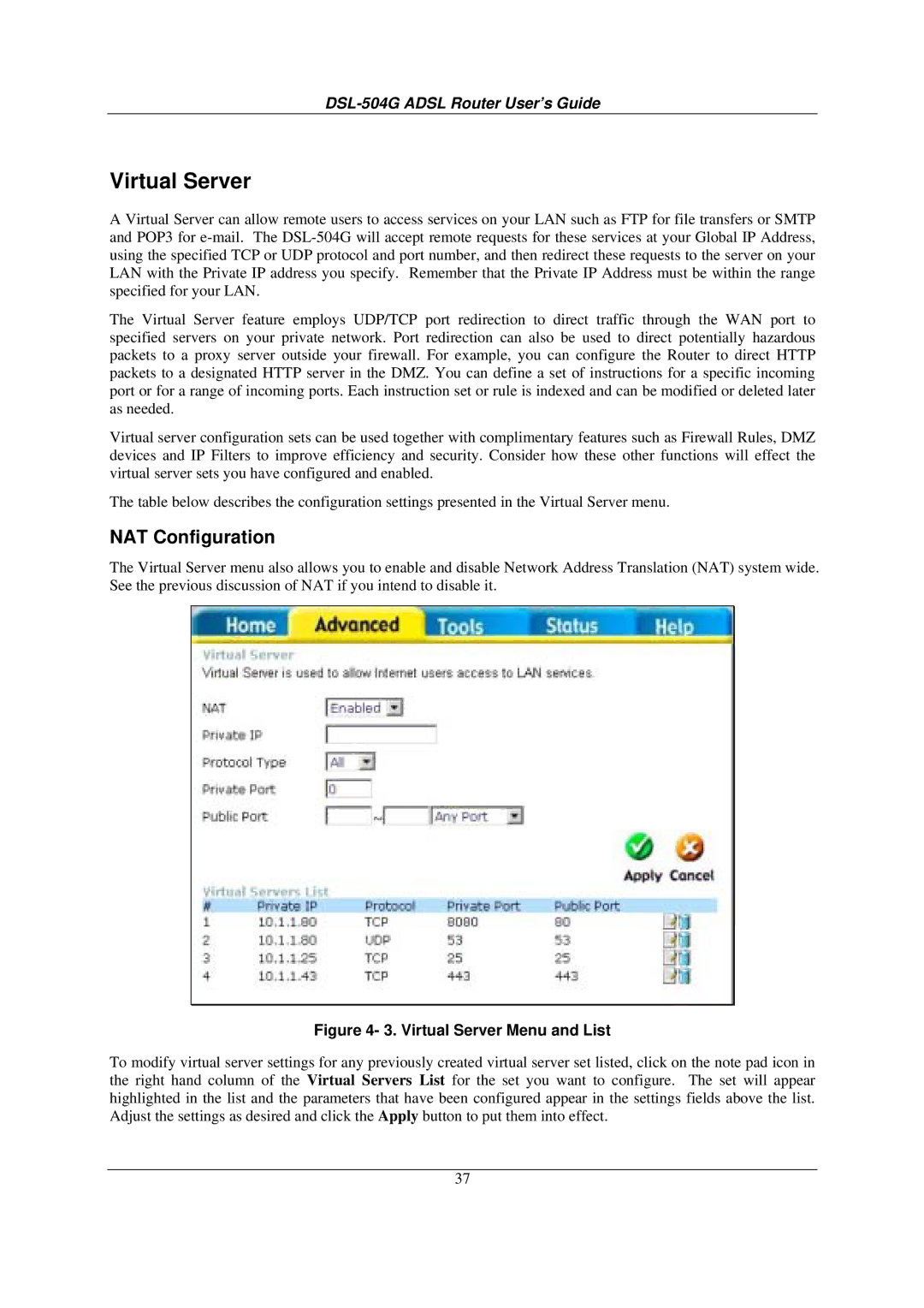 D-Link DSL-504G manual Virtual Server, NAT Configuration 