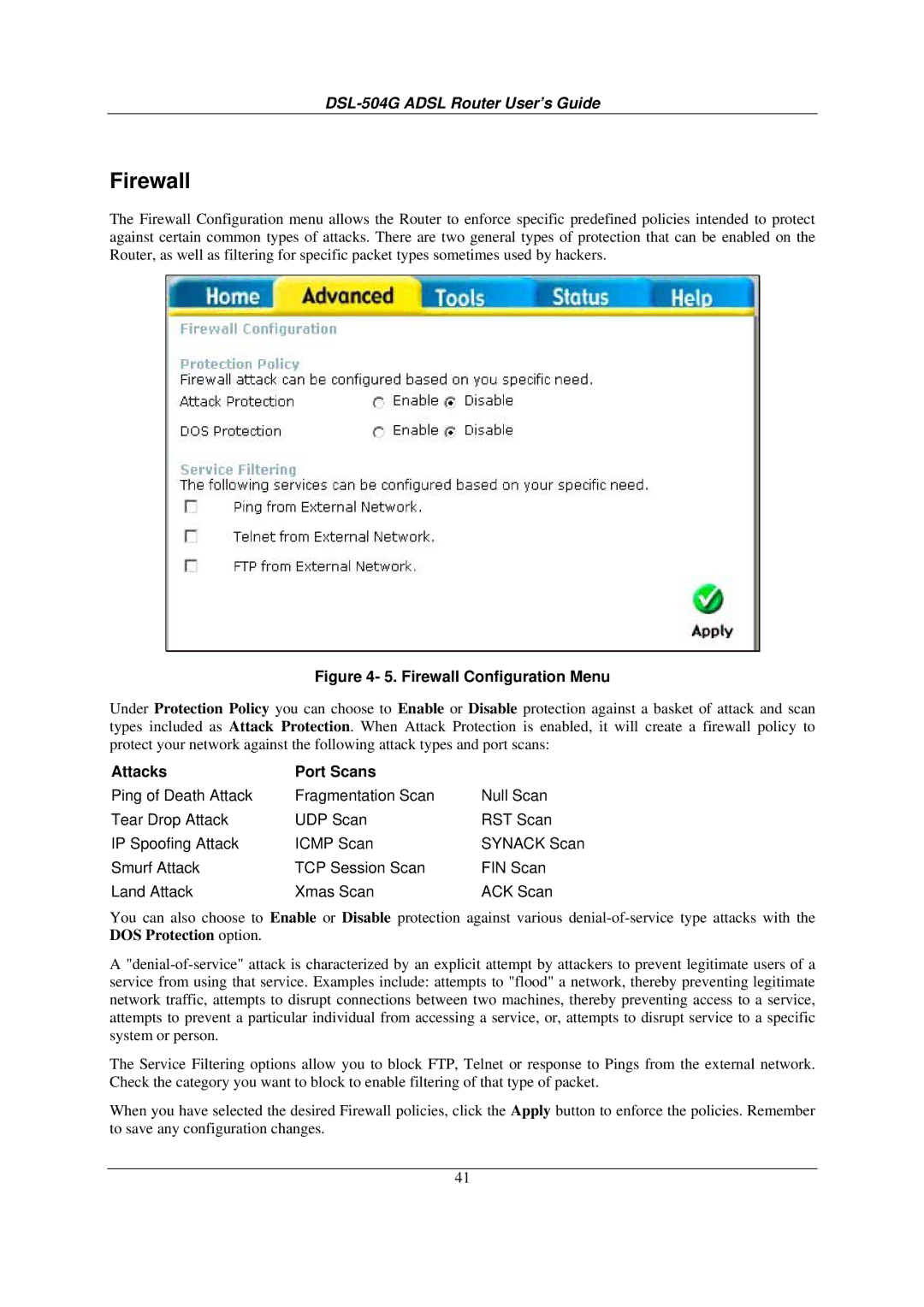 D-Link DSL-504G manual Firewall, Attacks Port Scans 