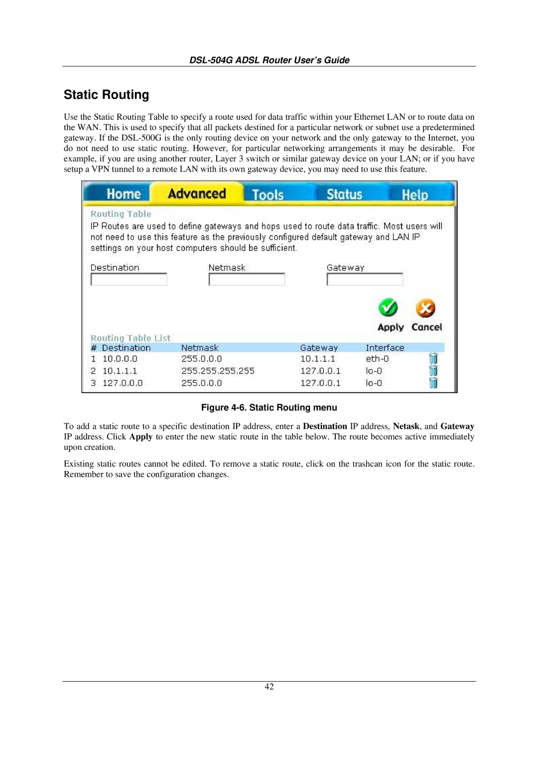 D-Link DSL-504G manual Static Routing menu 