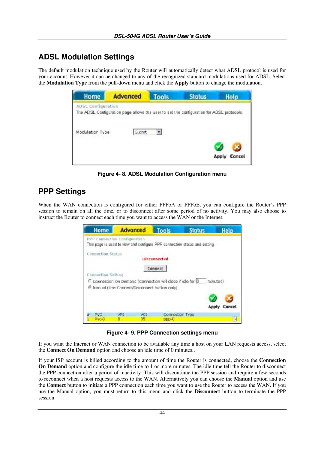 D-Link DSL-504G manual Adsl Modulation Settings, PPP Settings 