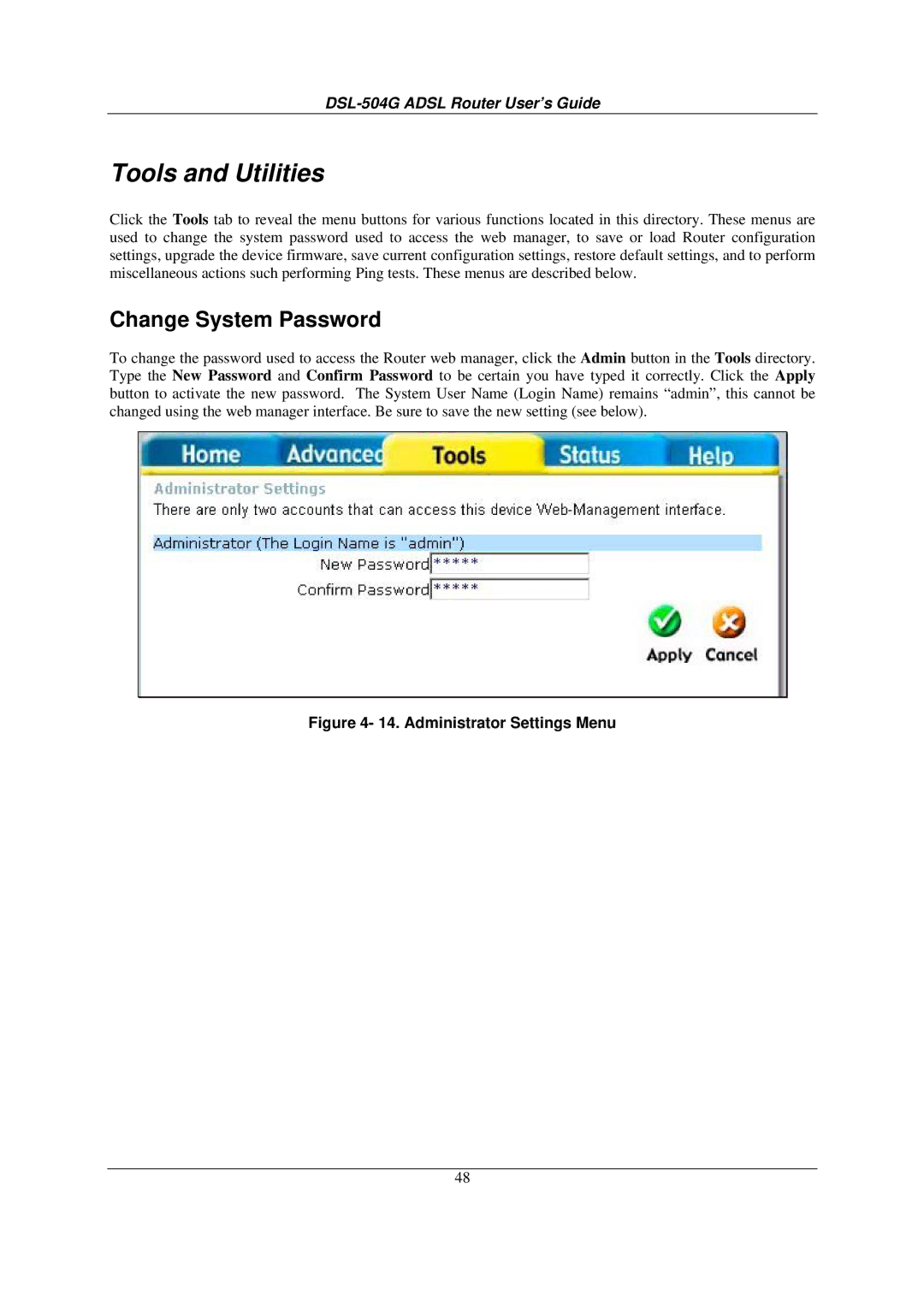 D-Link DSL-504G manual Tools and Utilities, Change System Password 