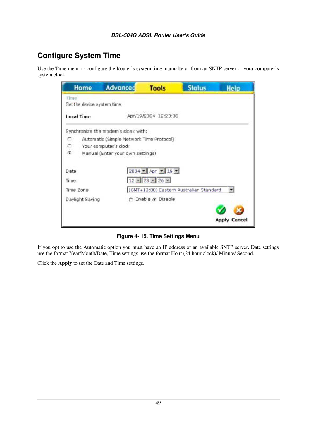 D-Link DSL-504G manual Configure System Time, Time Settings Menu 