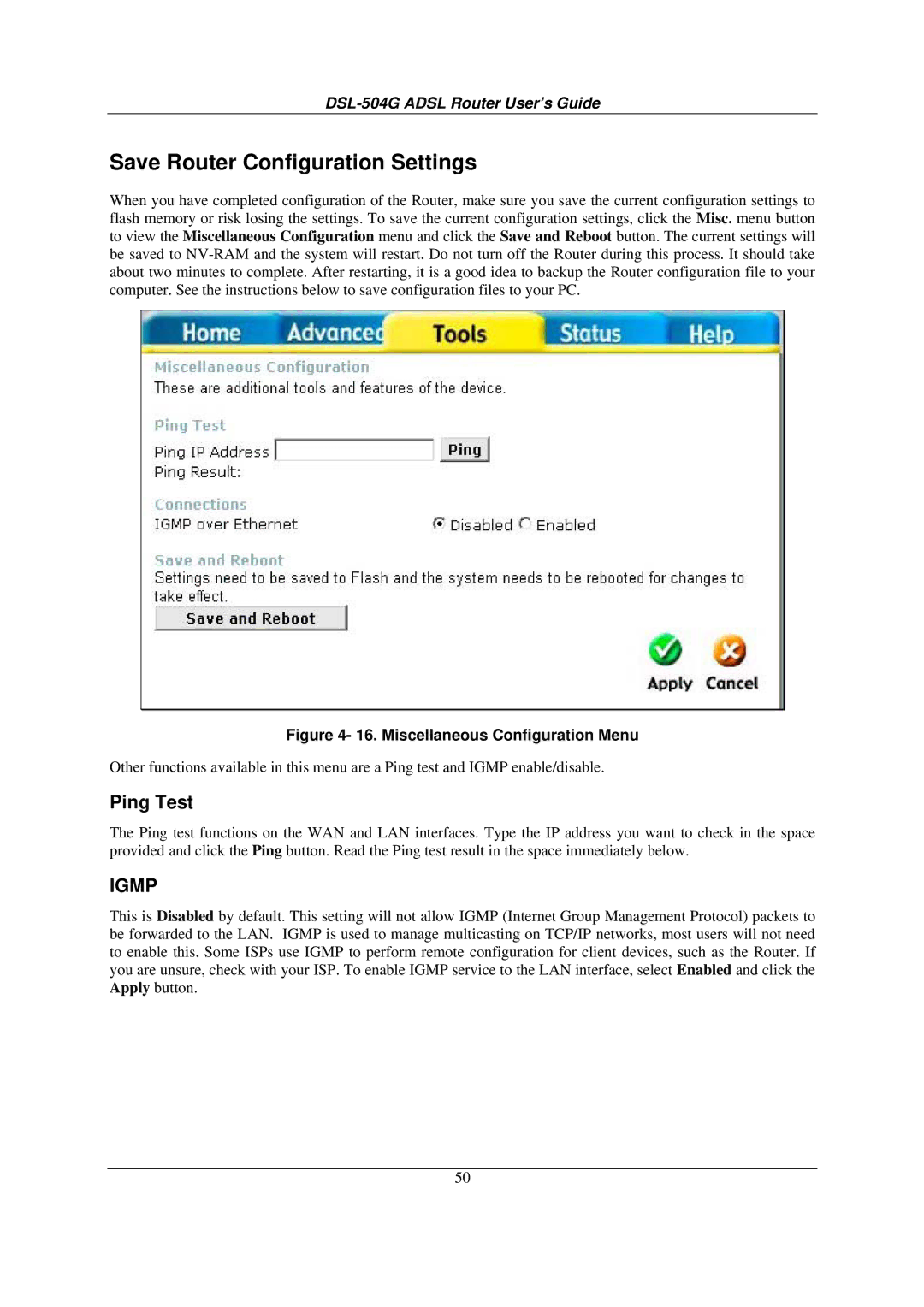 D-Link DSL-504G manual Save Router Configuration Settings, Ping Test 