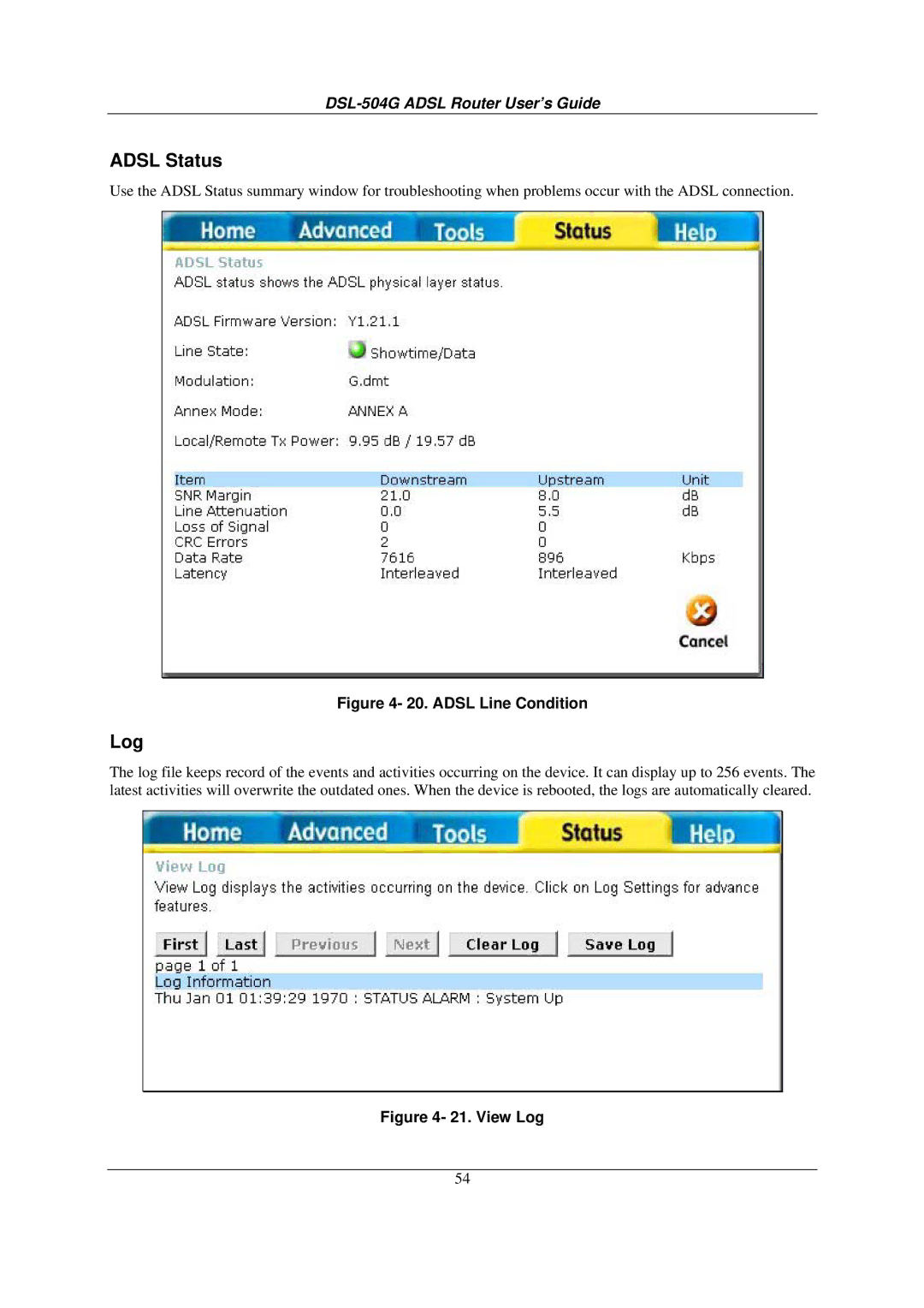 D-Link DSL-504G manual Adsl Status, Log 