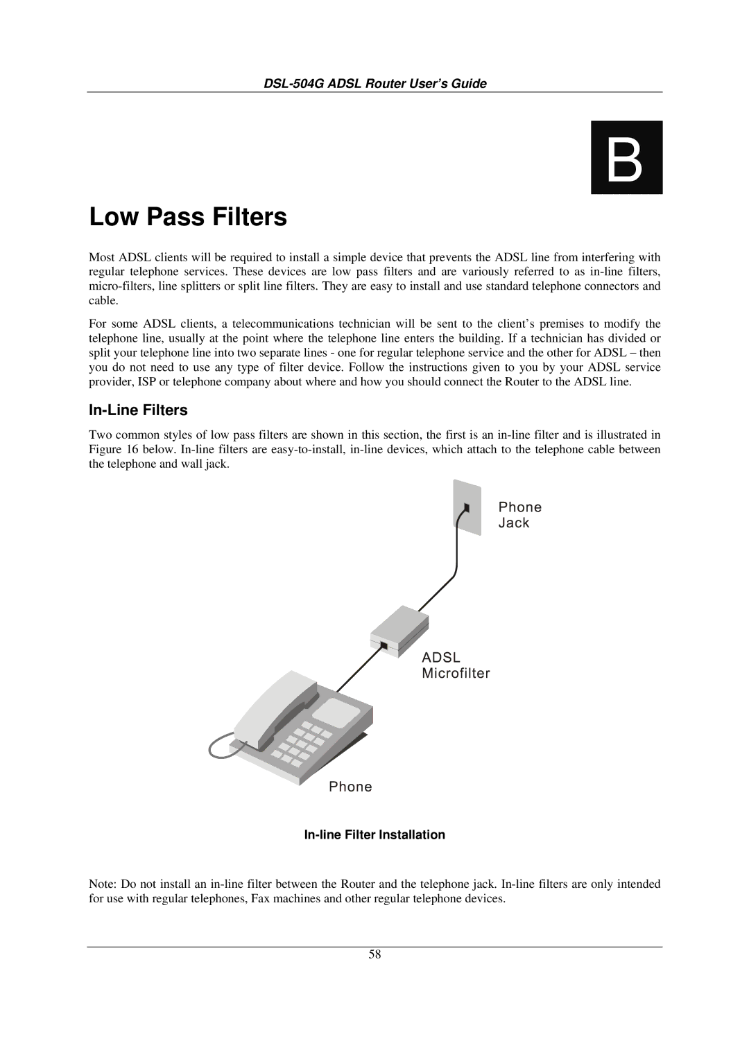 D-Link DSL-504G manual In-Line Filters, In-line Filter Installation 