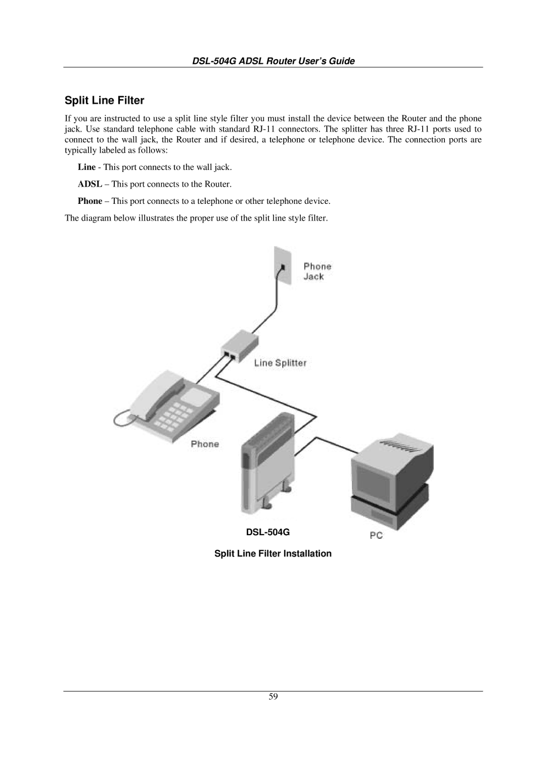 D-Link manual DSL-504G Split Line Filter Installation 