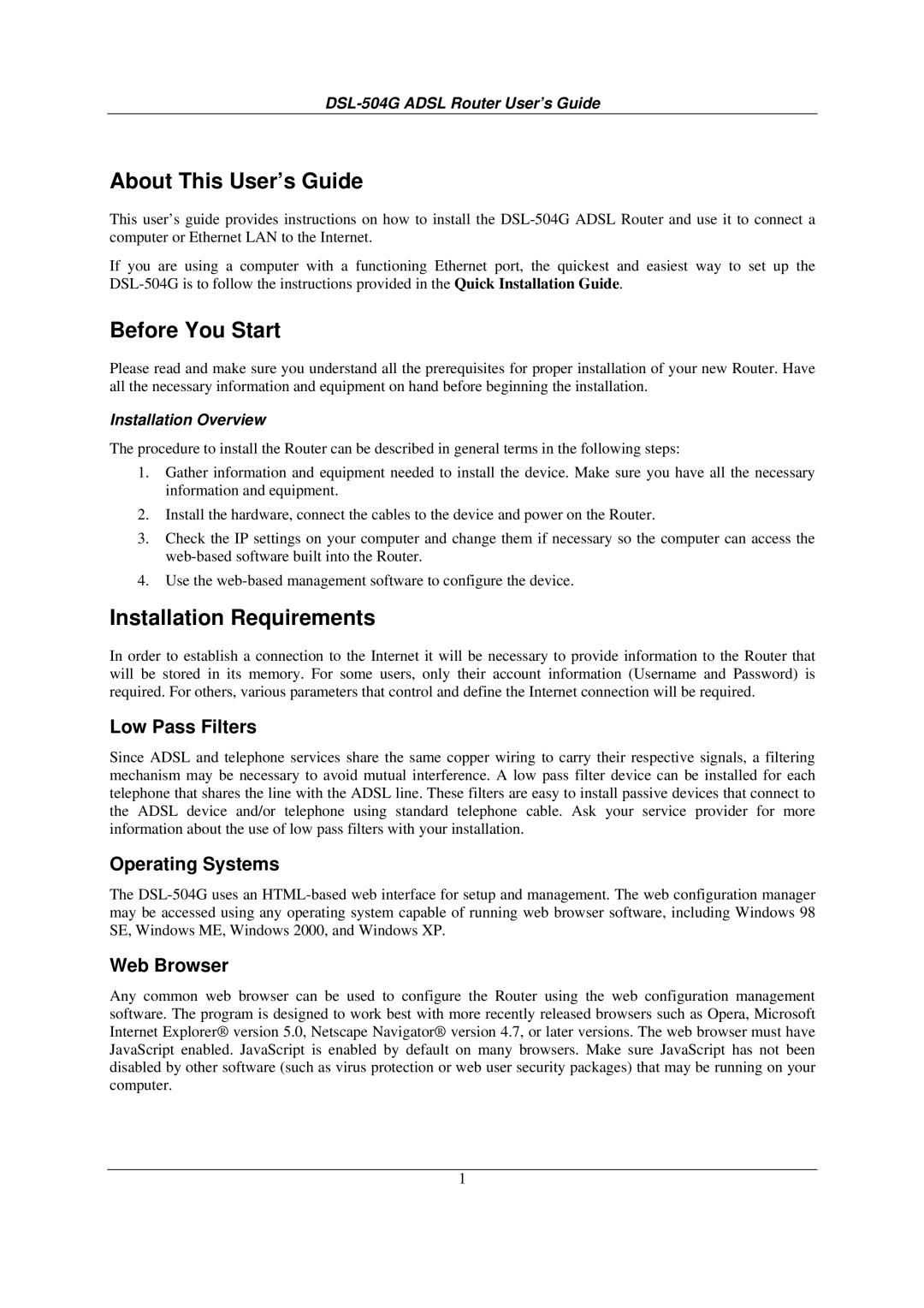 D-Link DSL-504G manual About This User’s Guide, Before You Start, Installation Requirements 