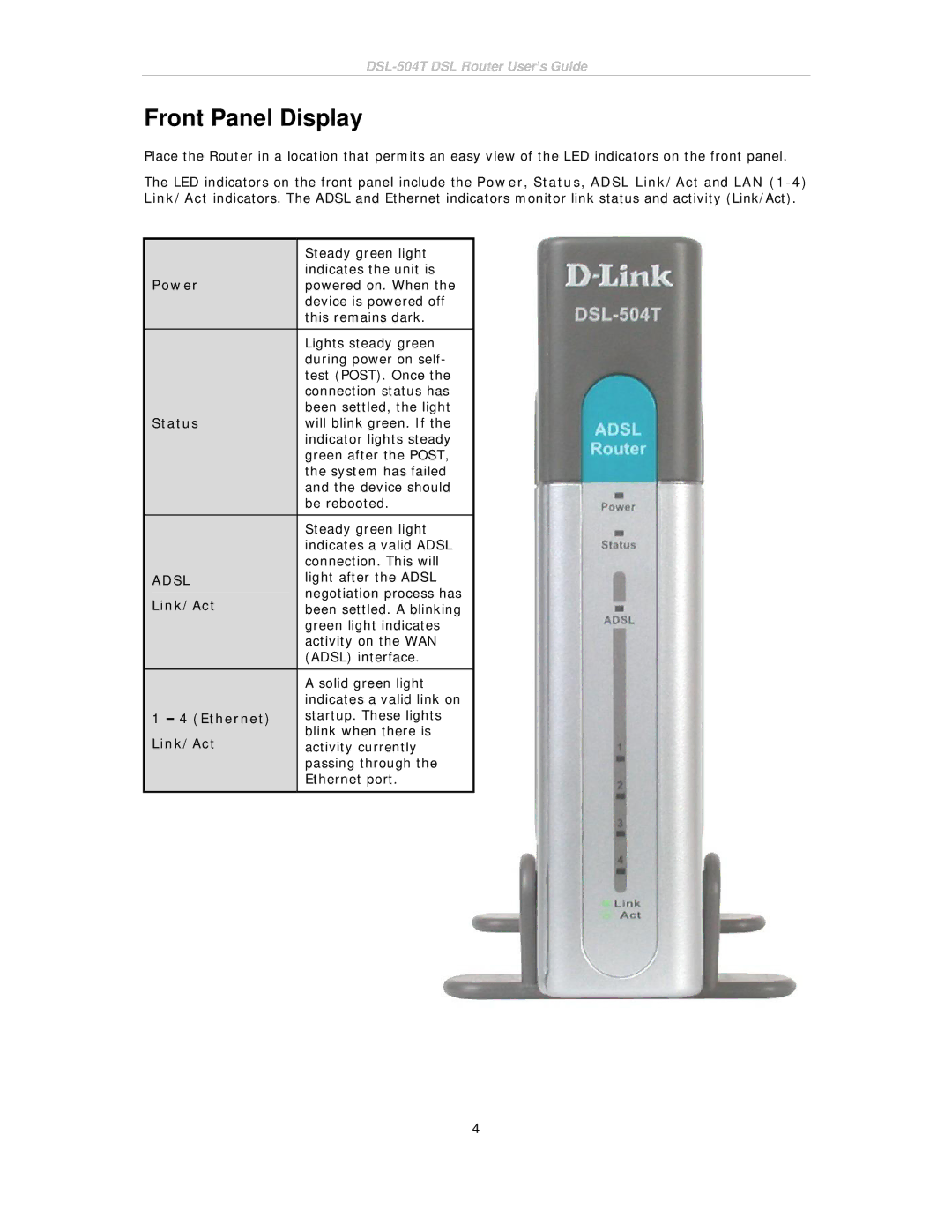 D-Link DSL-504T manual Front Panel Display, Power, Status, Link/Act, Ethernet 