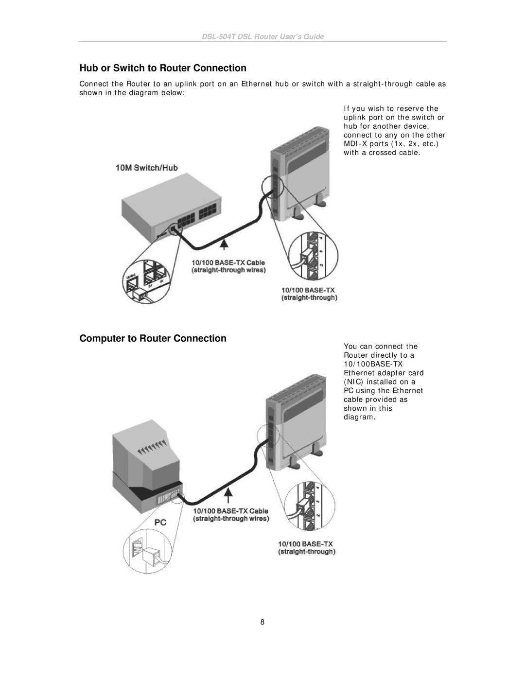 D-Link DSL-504T manual Hub or Switch to Router Connection, Computer to Router Connection 