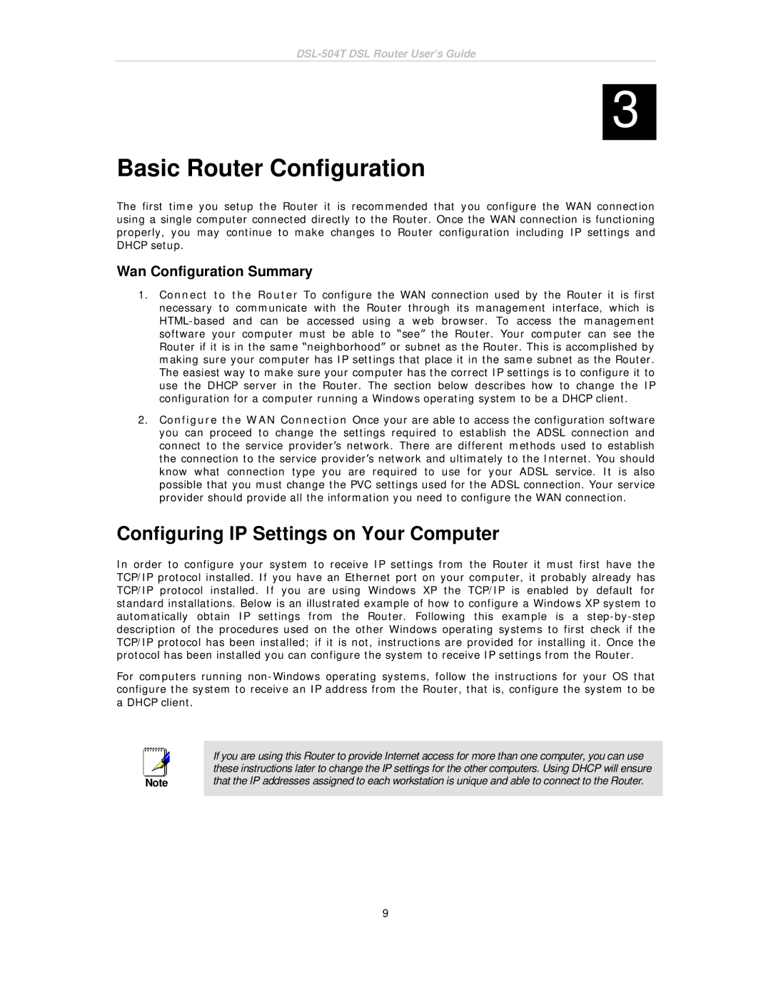 D-Link DSL-504T manual Basic Router Configuration, Configuring IP Settings on Your Computer, Wan Configuration Summary 