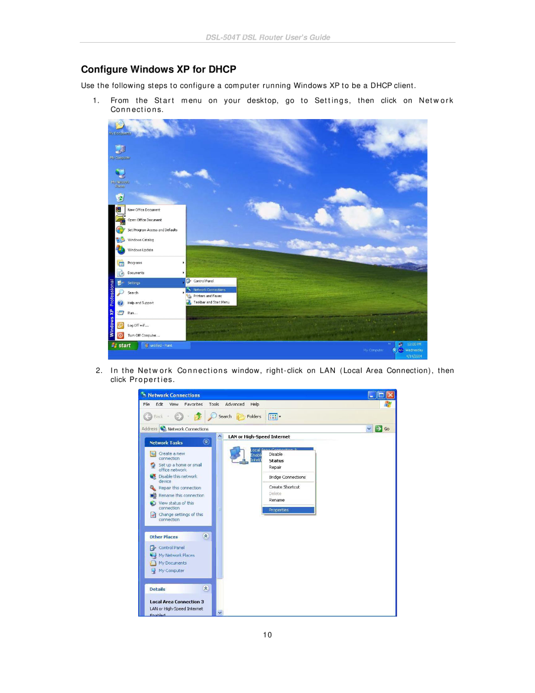 D-Link DSL-504T manual Configure Windows XP for Dhcp 