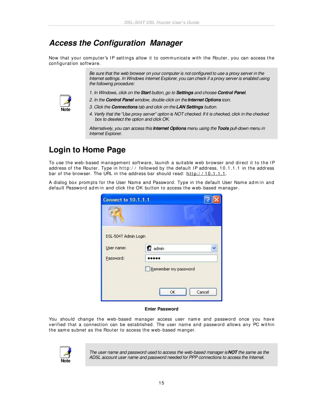 D-Link DSL-504T manual Access the Configuration Manager, Login to Home, Enter Password 