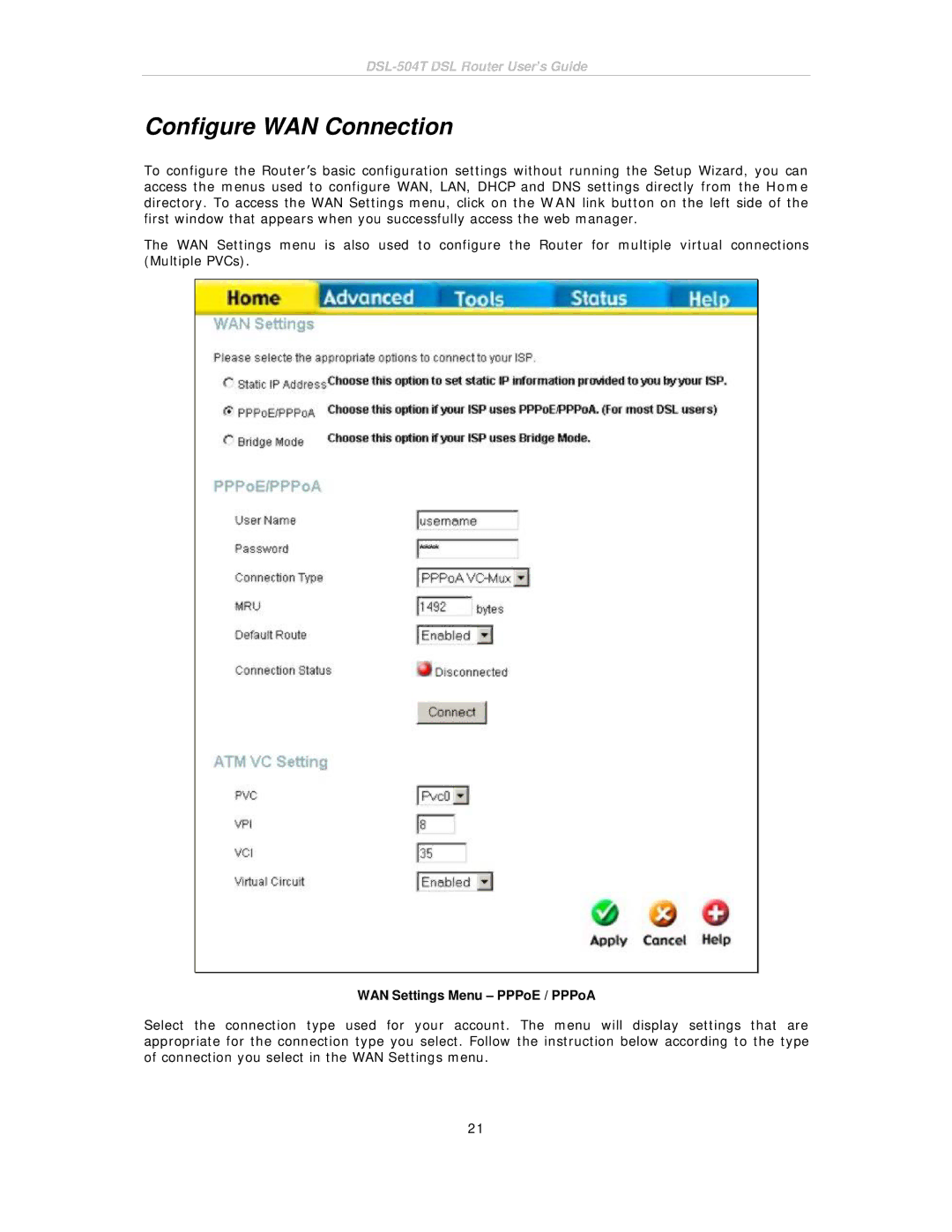 D-Link DSL-504T manual Configure WAN Connection, WAN Settings Menu PPPoE / PPPoA 