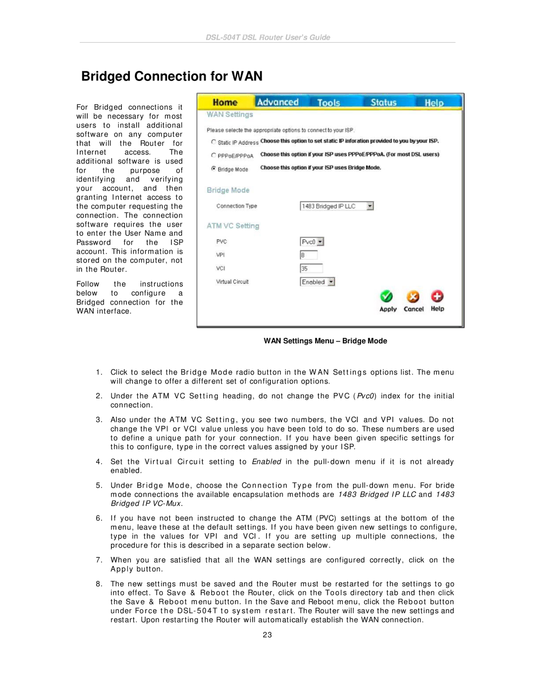 D-Link DSL-504T manual Bridged Connection for WAN, WAN Settings Menu Bridge Mode 