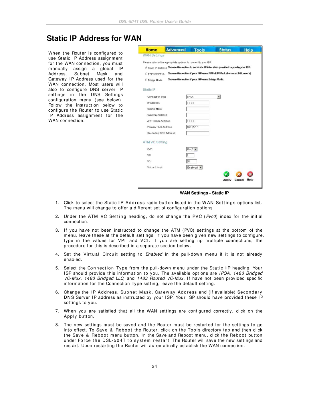 D-Link DSL-504T manual Static IP Address for WAN, WAN Settings Static IP 