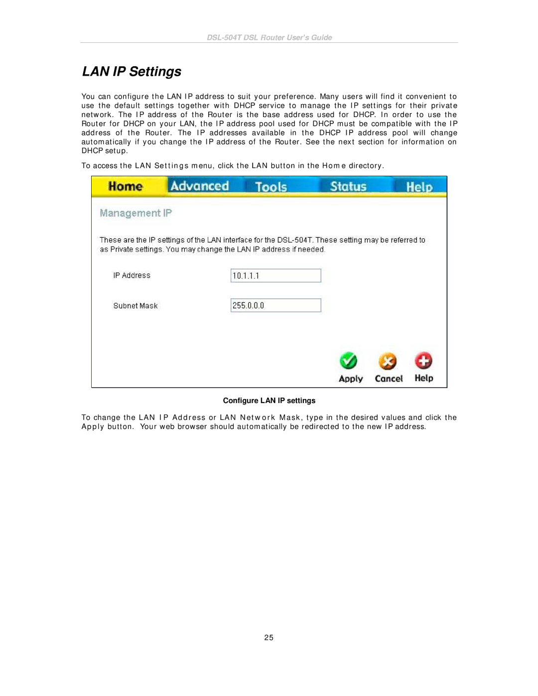 D-Link DSL-504T manual LAN IP Settings, Configure LAN IP settings 