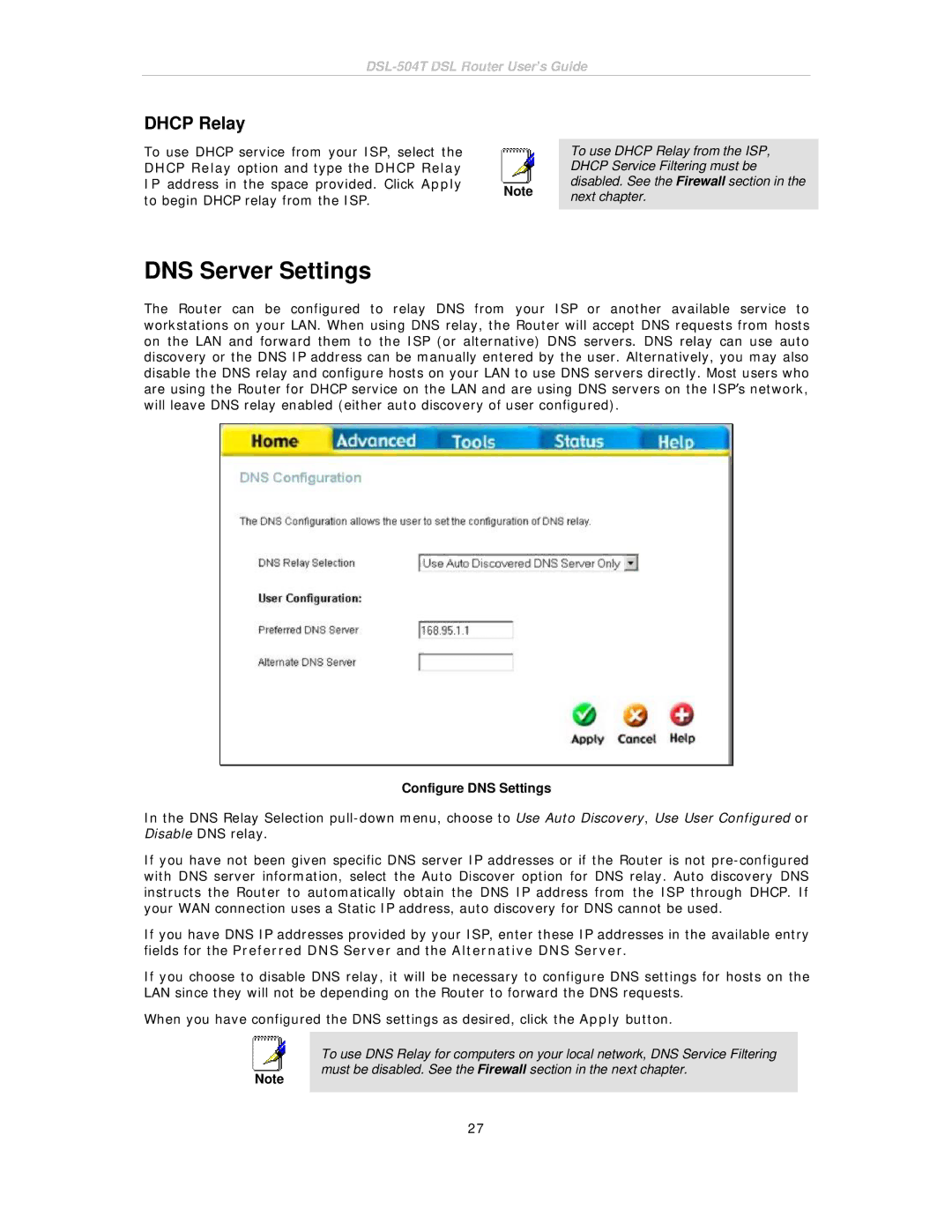 D-Link DSL-504T manual DNS Server Settings, Dhcp Relay, Configure DNS Settings 