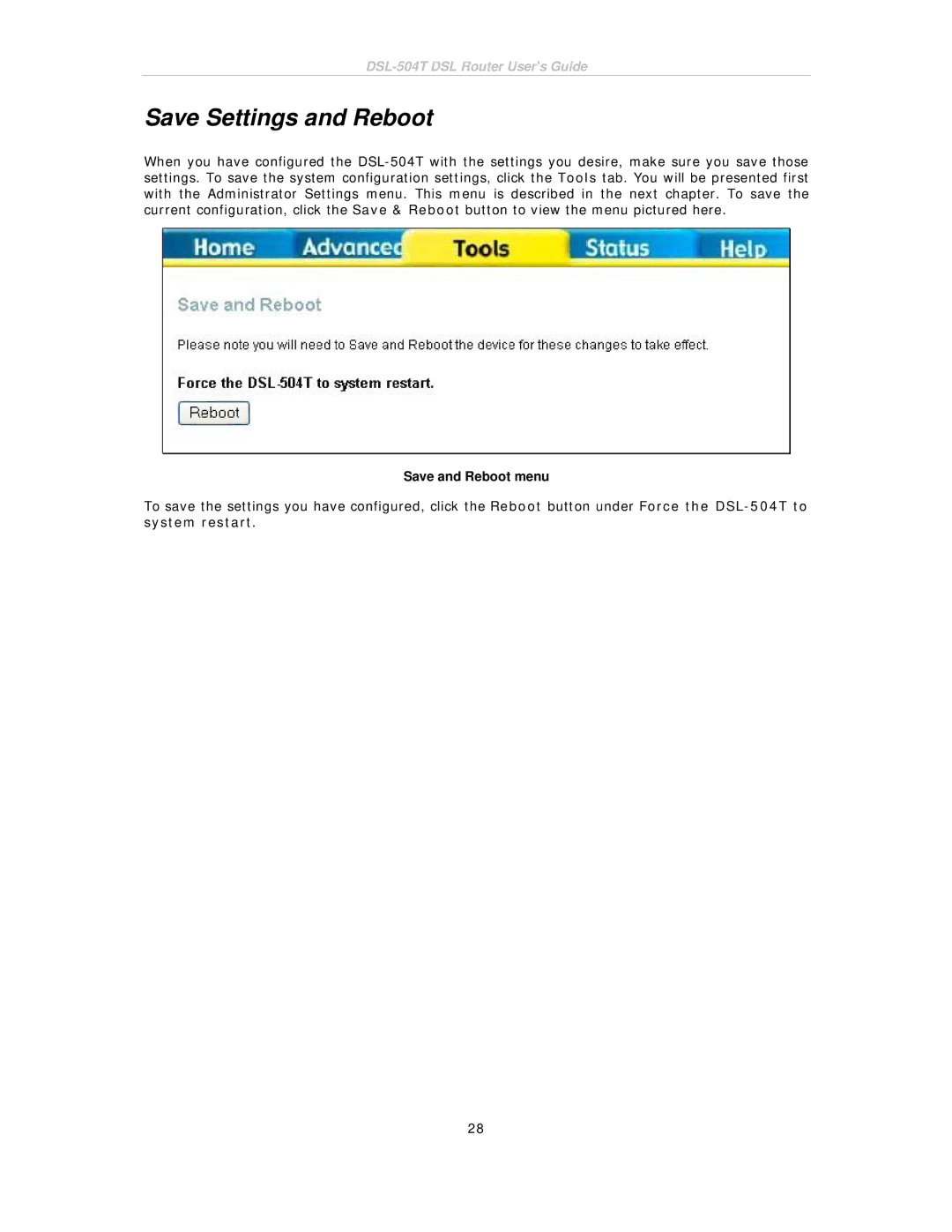 D-Link DSL-504T manual Save Settings and Reboot, Save and Reboot menu 