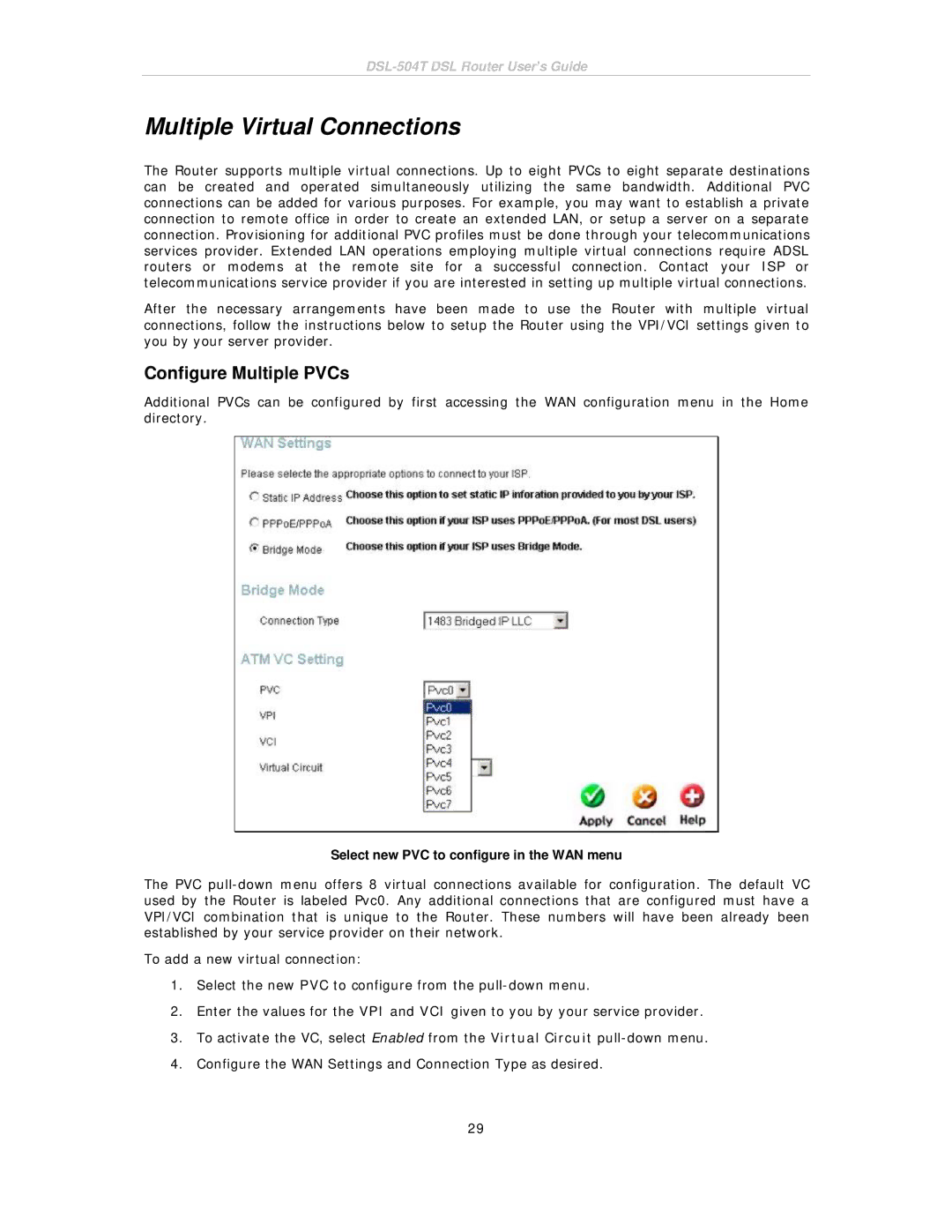 D-Link DSL-504T manual Multiple Virtual Connections, Configure Multiple PVCs, Select new PVC to configure in the WAN menu 