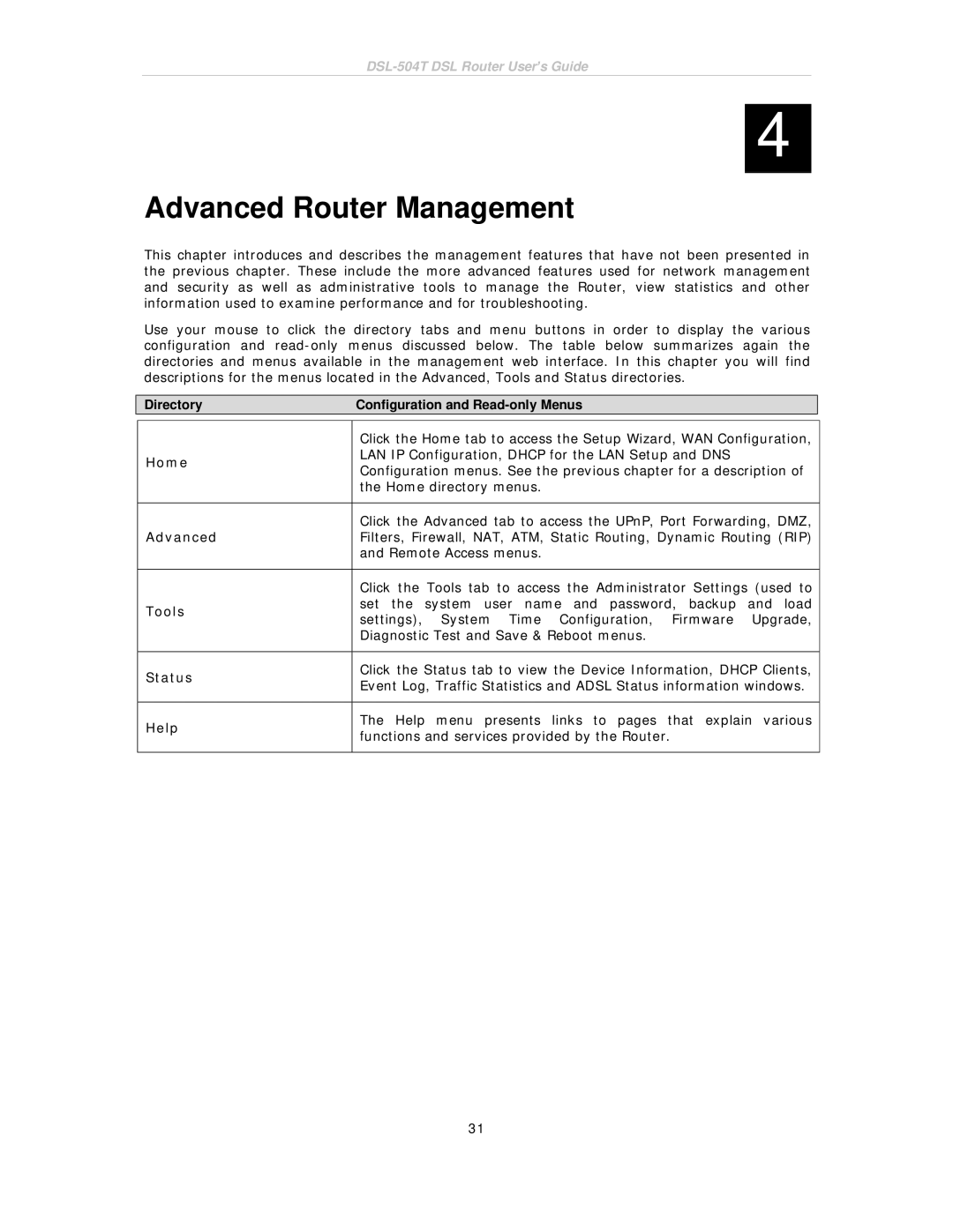 D-Link DSL-504T manual Advanced Router Management, Home, Tools, Help 