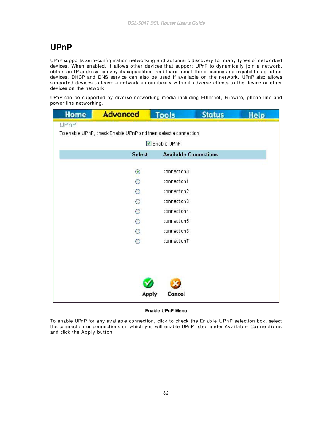 D-Link DSL-504T manual Enable UPnP Menu 