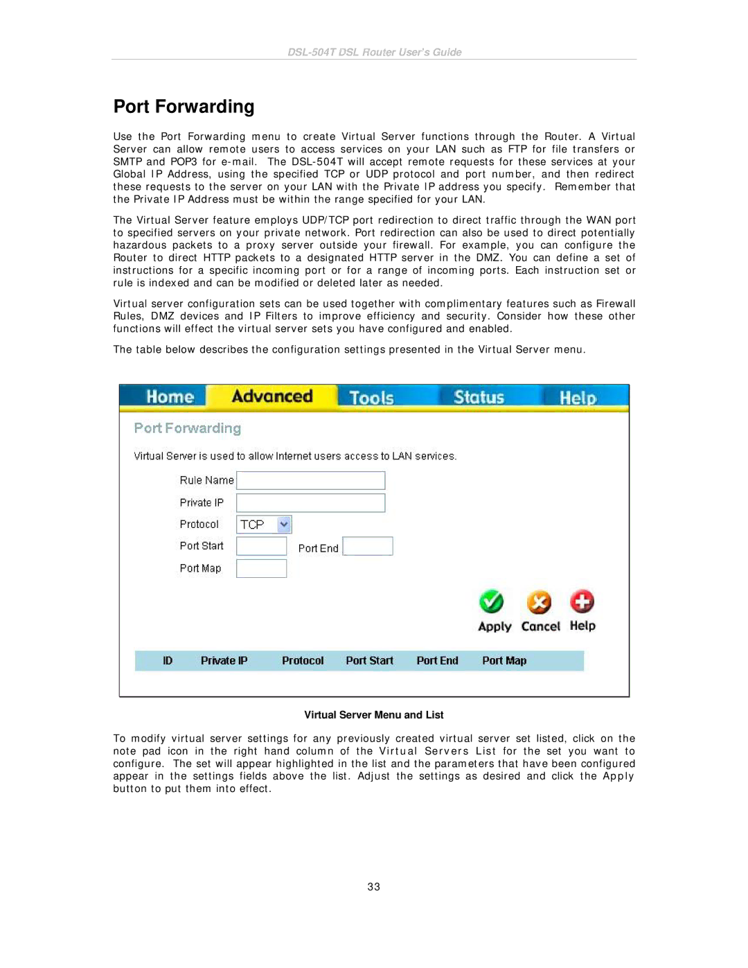 D-Link DSL-504T manual Port Forwarding, Virtual Server Menu and List 