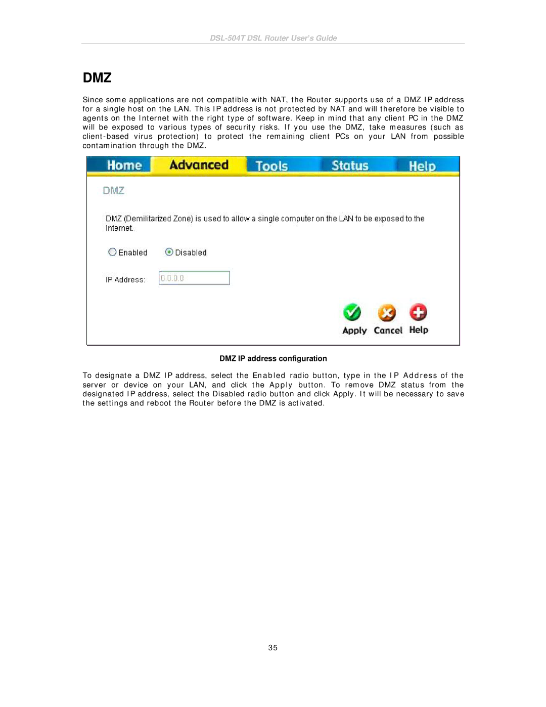 D-Link DSL-504T manual Dmz, DMZ IP address configuration 