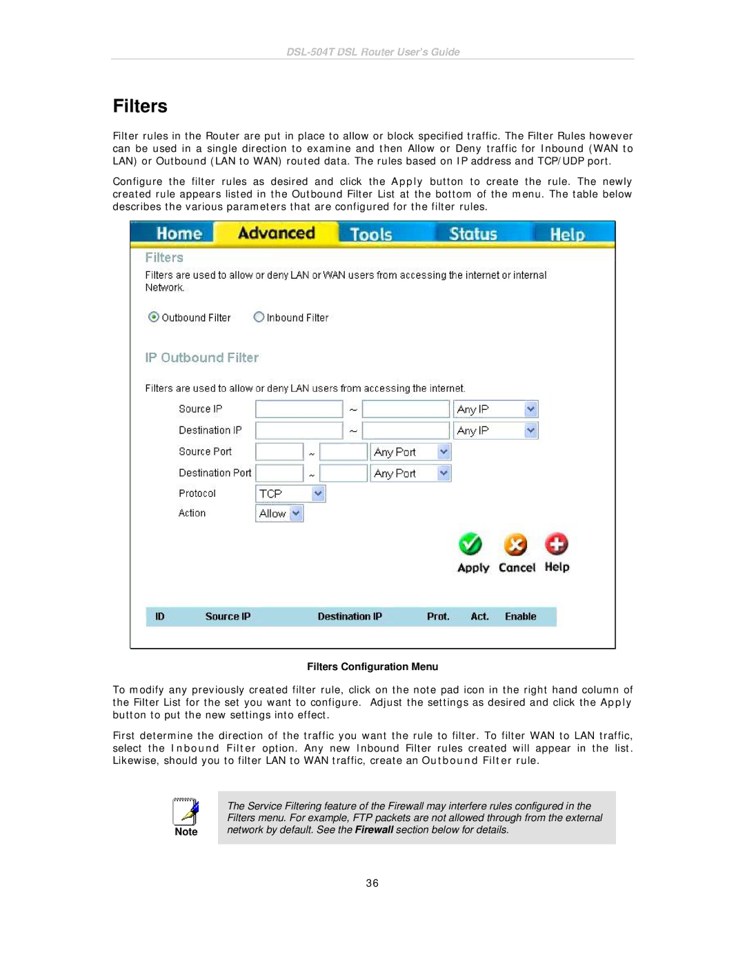 D-Link DSL-504T manual Filters Configuration Menu 