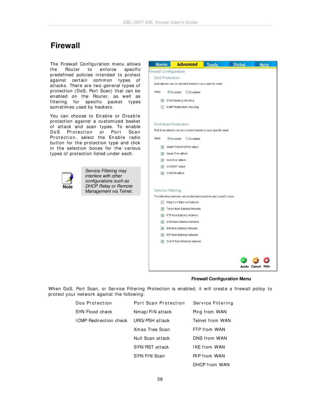 D-Link DSL-504T manual Firewall Configuration Menu, Dos Protection Port Scan Protection Service Filtering 