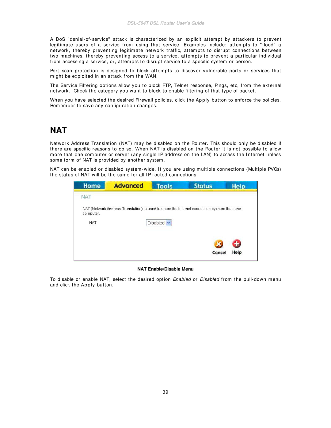 D-Link DSL-504T manual Nat, NAT Enable/Disable Menu 