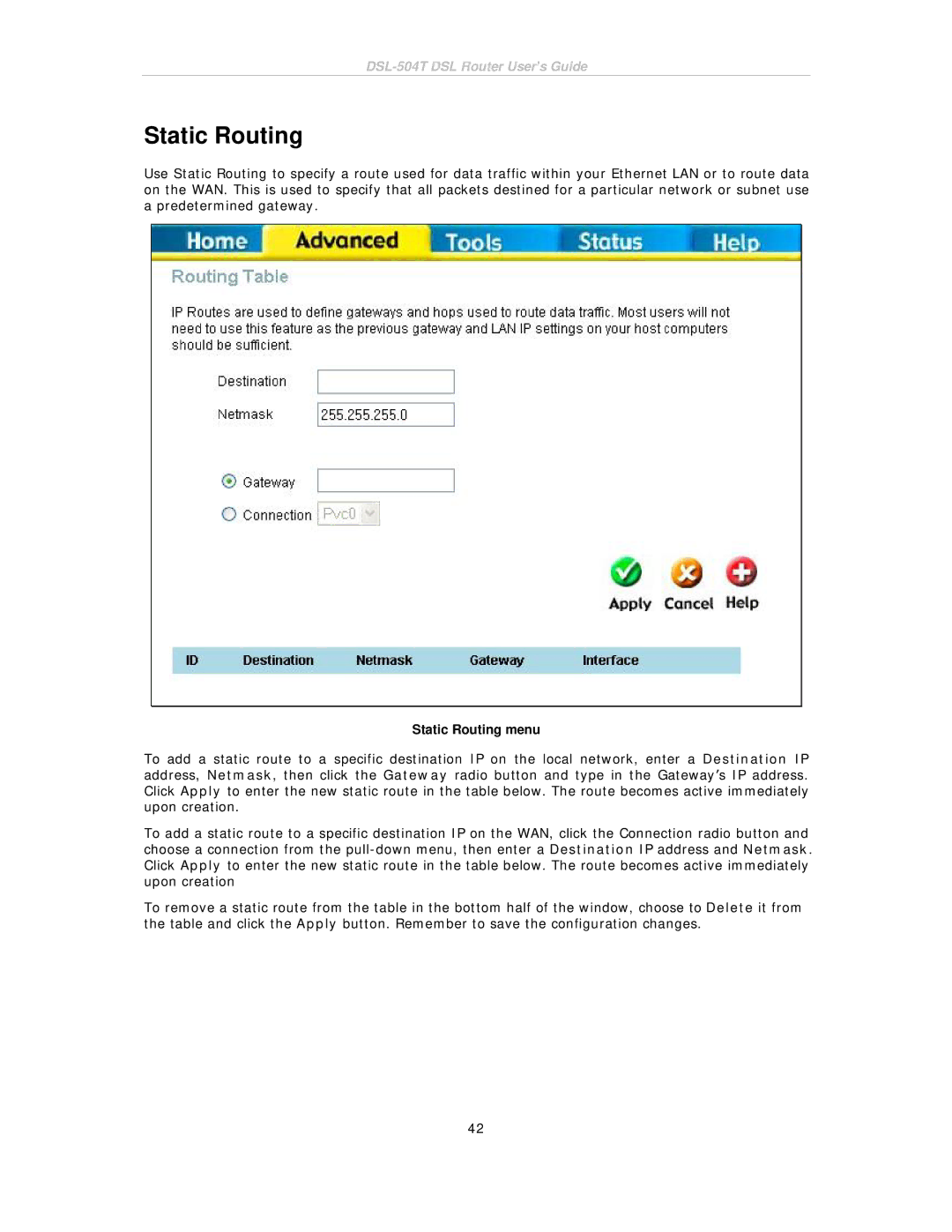 D-Link DSL-504T manual Static Routing menu 