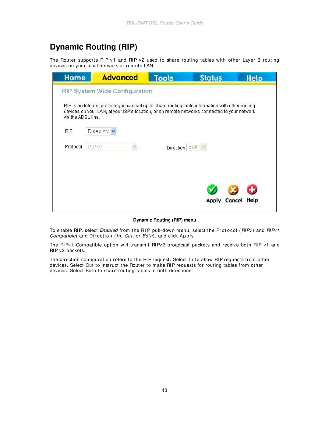 D-Link DSL-504T manual Dynamic Routing RIP menu 