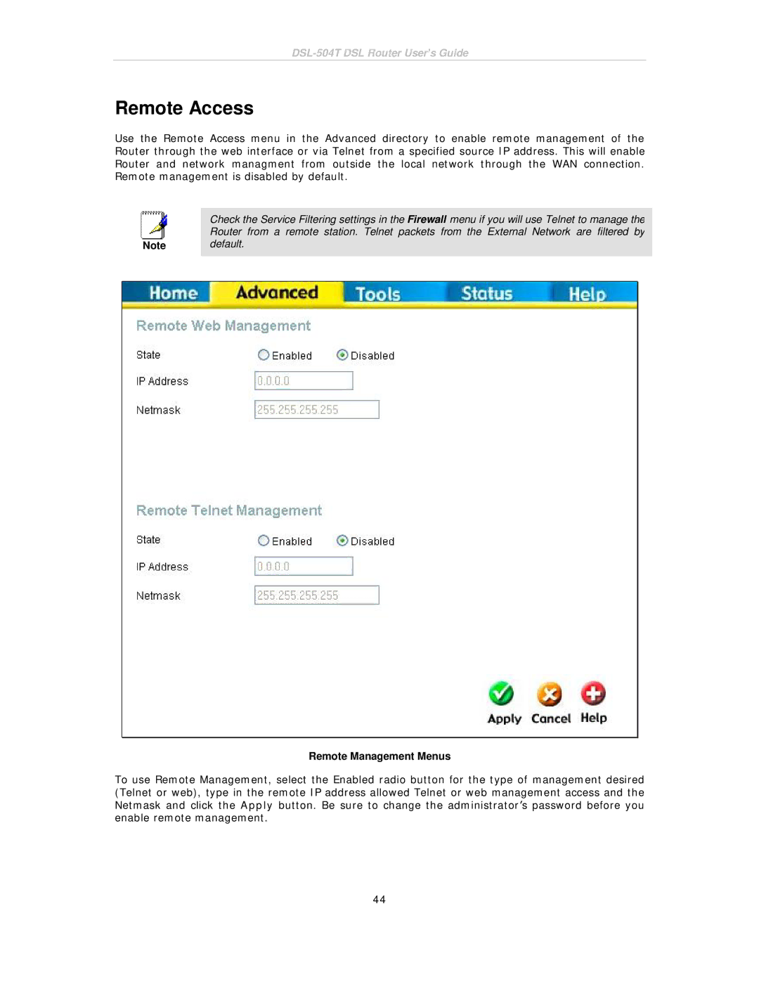 D-Link DSL-504T manual Remote Access, Remote Management Menus 