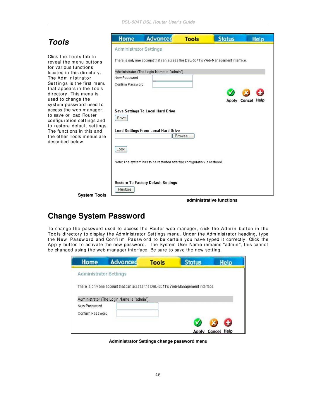 D-Link DSL-504T manual Change System Password, System Tools Administrative functions 