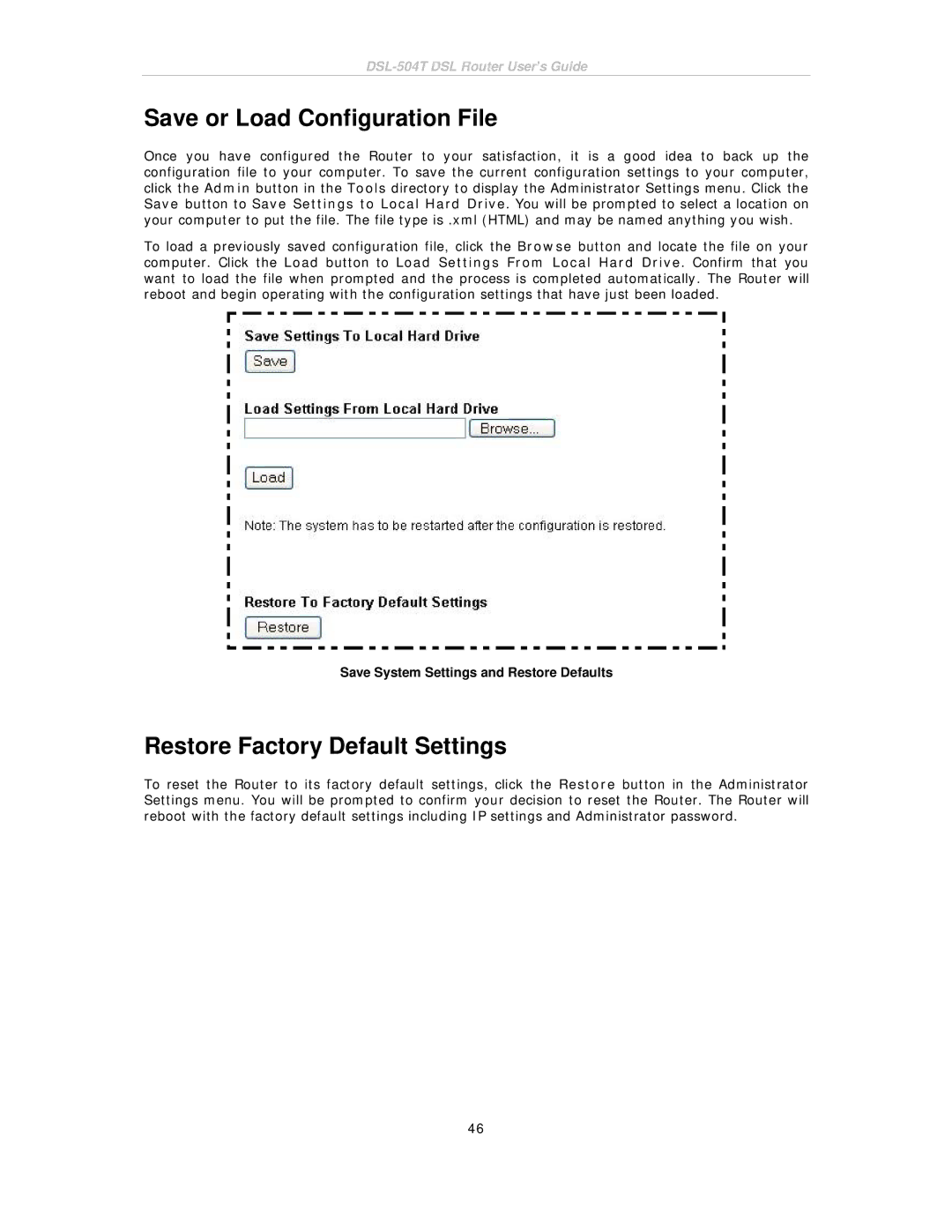 D-Link DSL-504T manual Save or Load Configuration File, Restore Factory Default Settings 