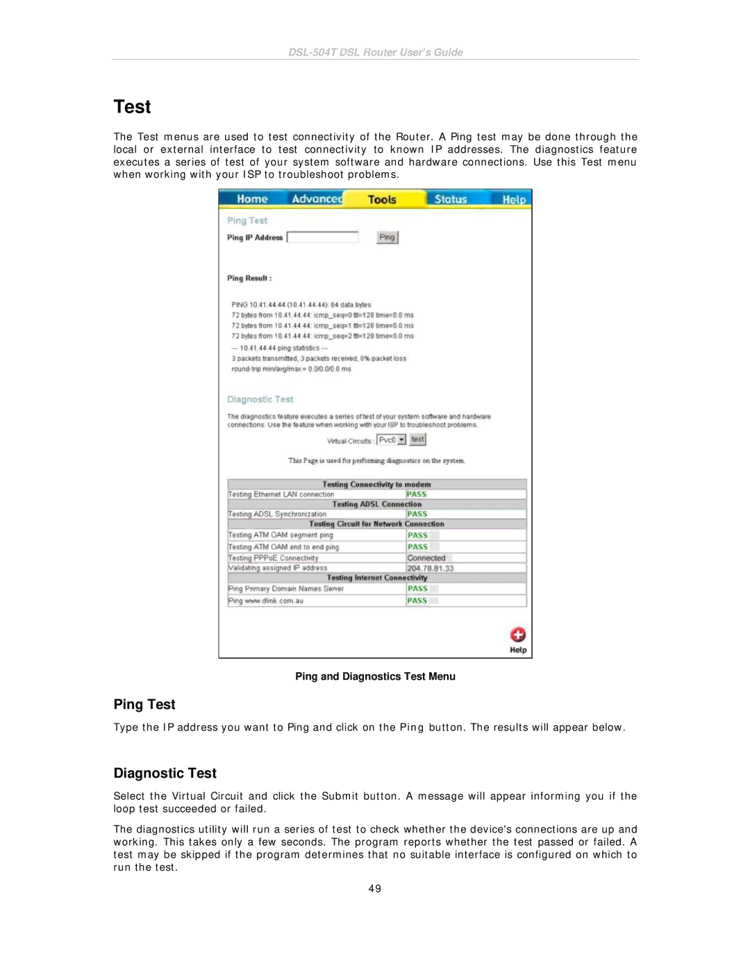 D-Link DSL-504T manual Ping Test, Diagnostic Test, Ping and Diagnostics Test Menu 