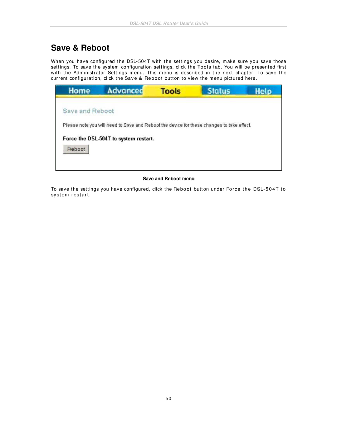 D-Link DSL-504T manual Save & Reboot, Save and Reboot menu 