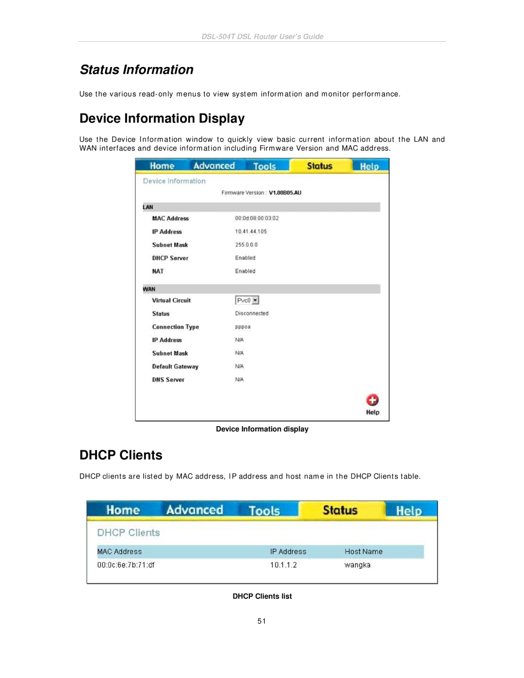 D-Link DSL-504T manual Status Information, Device Information Display, Dhcp Clients, Device Information display 