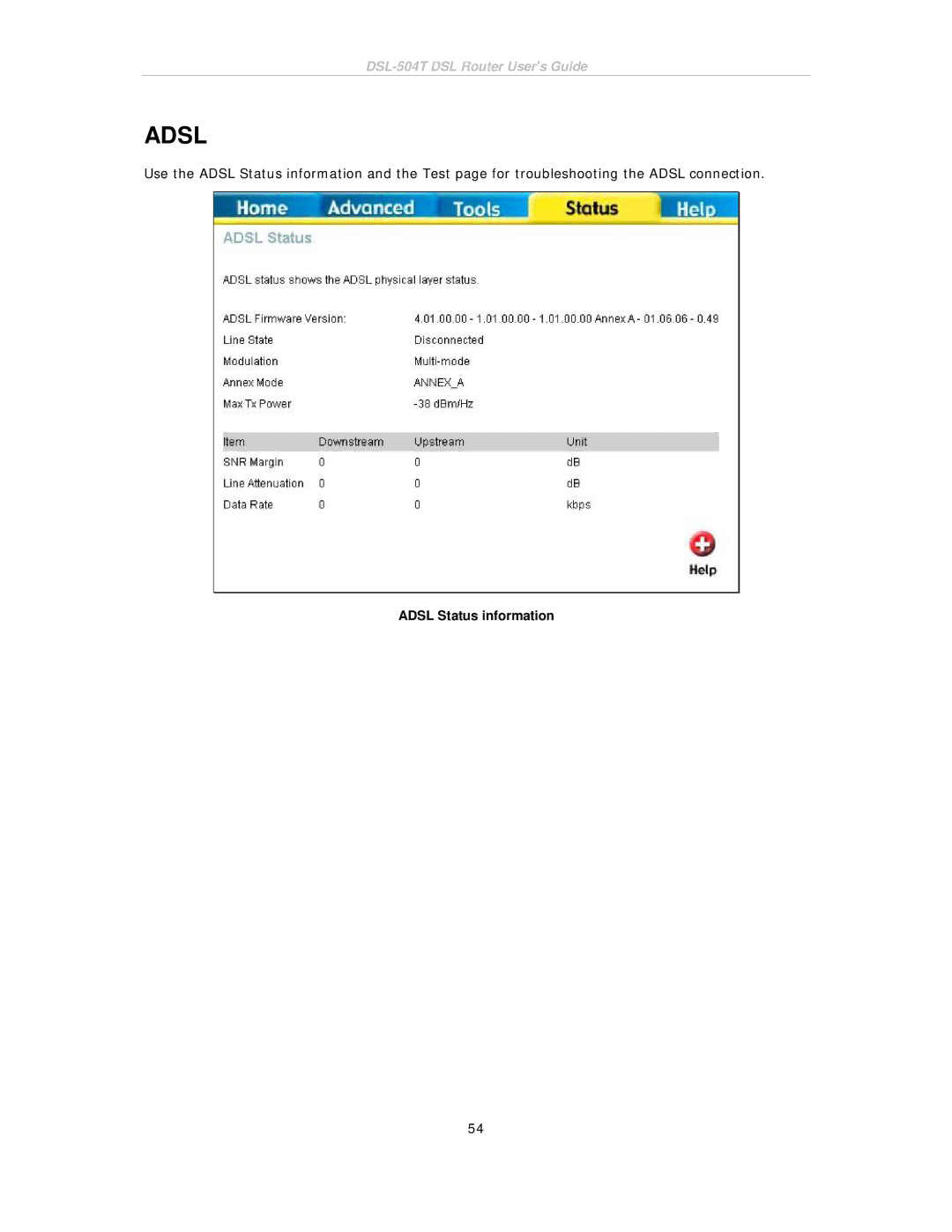 D-Link DSL-504T manual Adsl Status information 