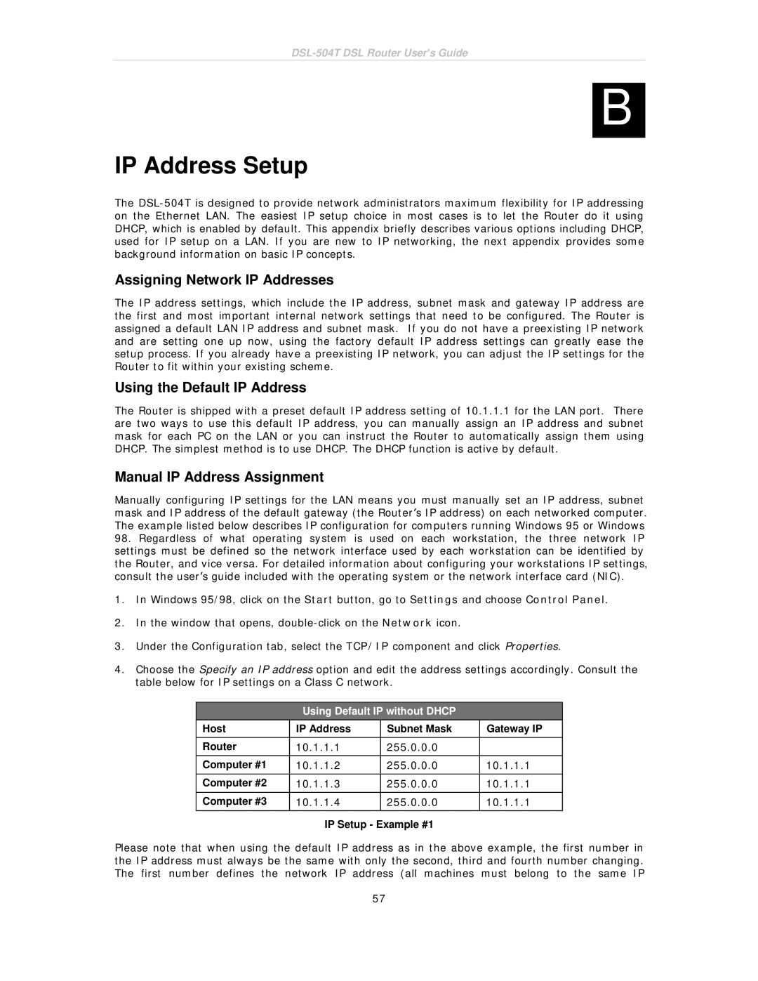 D-Link DSL-504T manual IP Address Setup, Assigning Network IP Addresses, Using the Default IP Address 