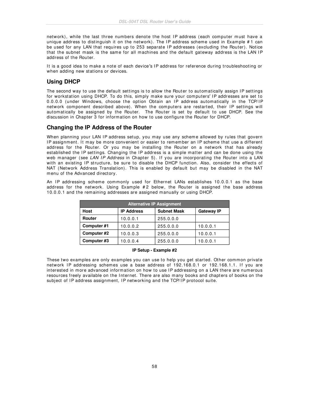 D-Link DSL-504T manual Using Dhcp, Changing the IP Address of the Router, IP Setup Example #2 