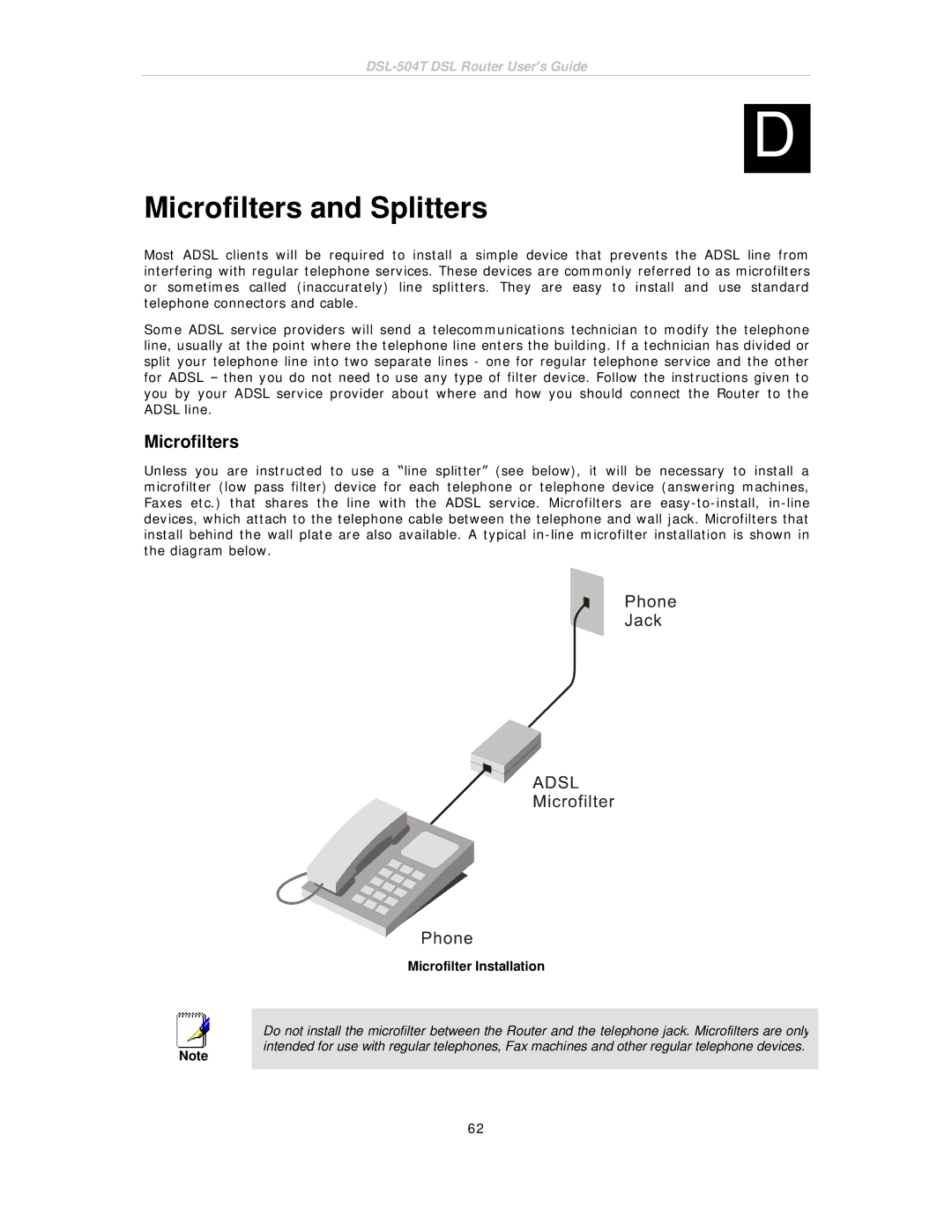 D-Link DSL-504T manual Microfilters and Splitters, Microfilter Installation 