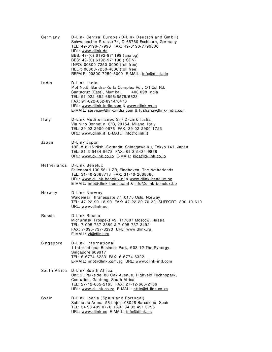 D-Link DSL-504T manual Germany Link Central Europe D-Link Deutschland GmbH, India Link India, Japan Link Japan 