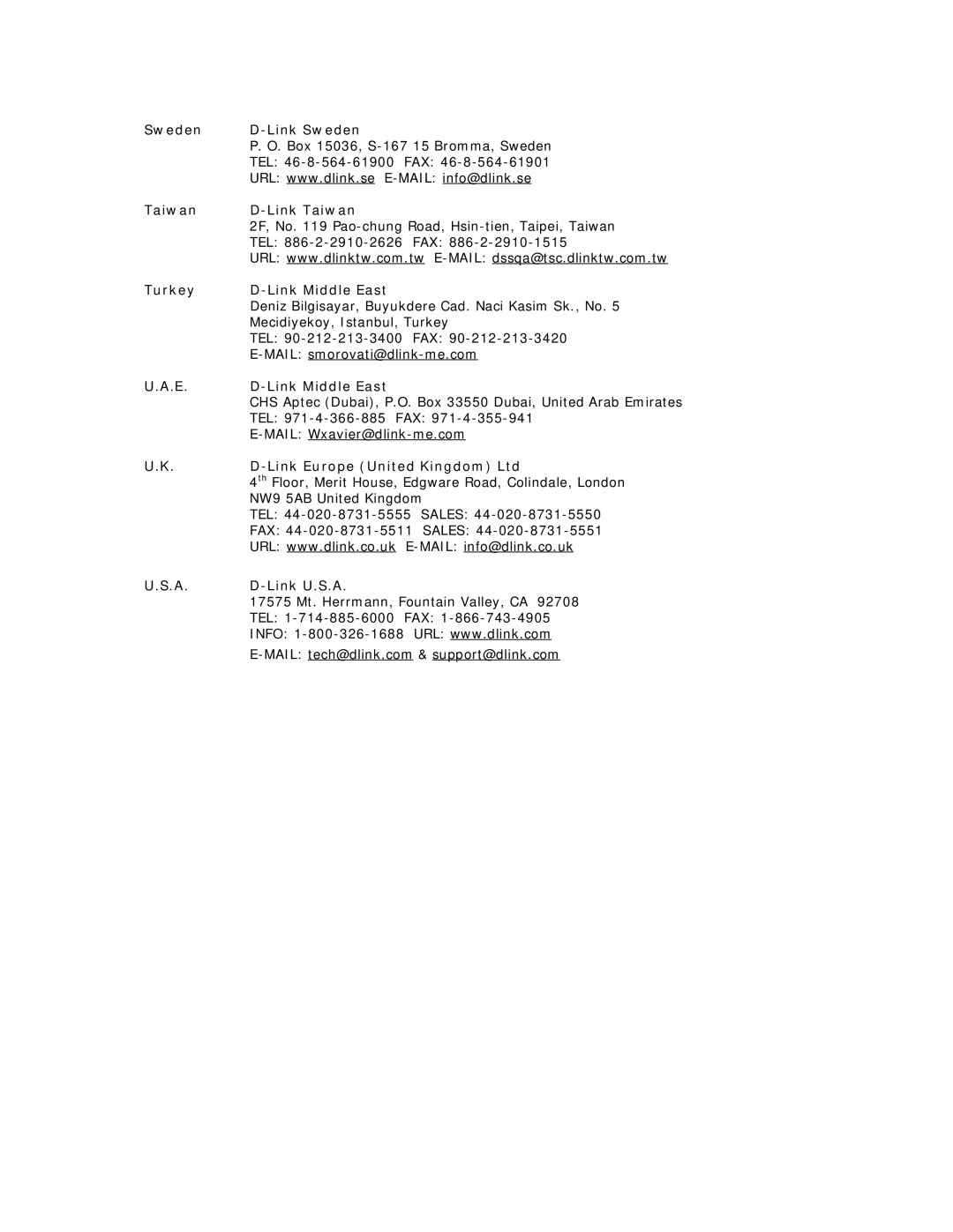 D-Link DSL-504T manual Sweden Link Sweden, Taiwan Link Taiwan, Turkey Link Middle East, Link U.S.A 