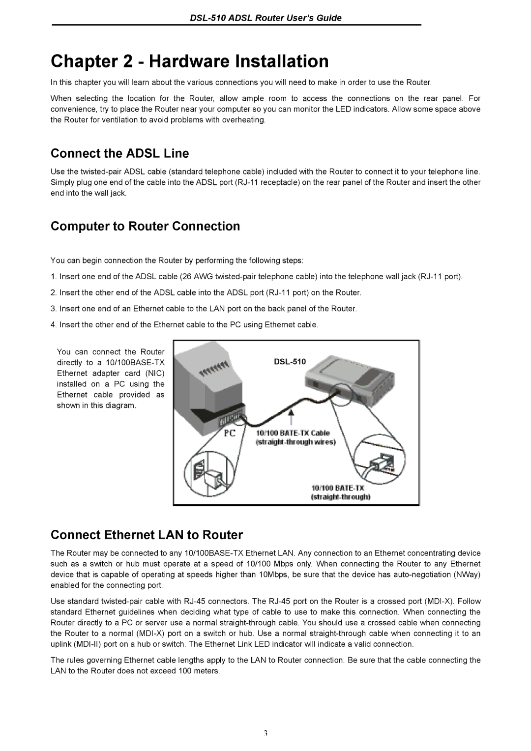 D-Link DSL-510 manual Connect the Adsl Line, Computer to Router Connection, Connect Ethernet LAN to Router 