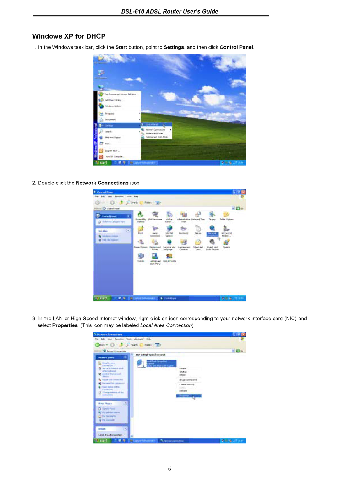 D-Link DSL-510 manual Windows XP for Dhcp 