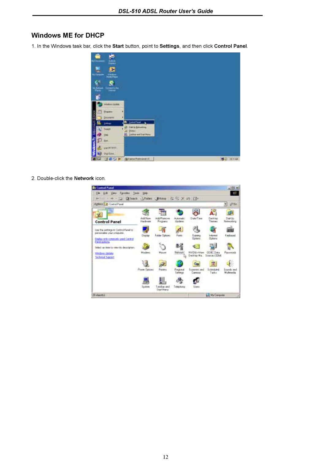 D-Link DSL-510 manual Windows ME for Dhcp 